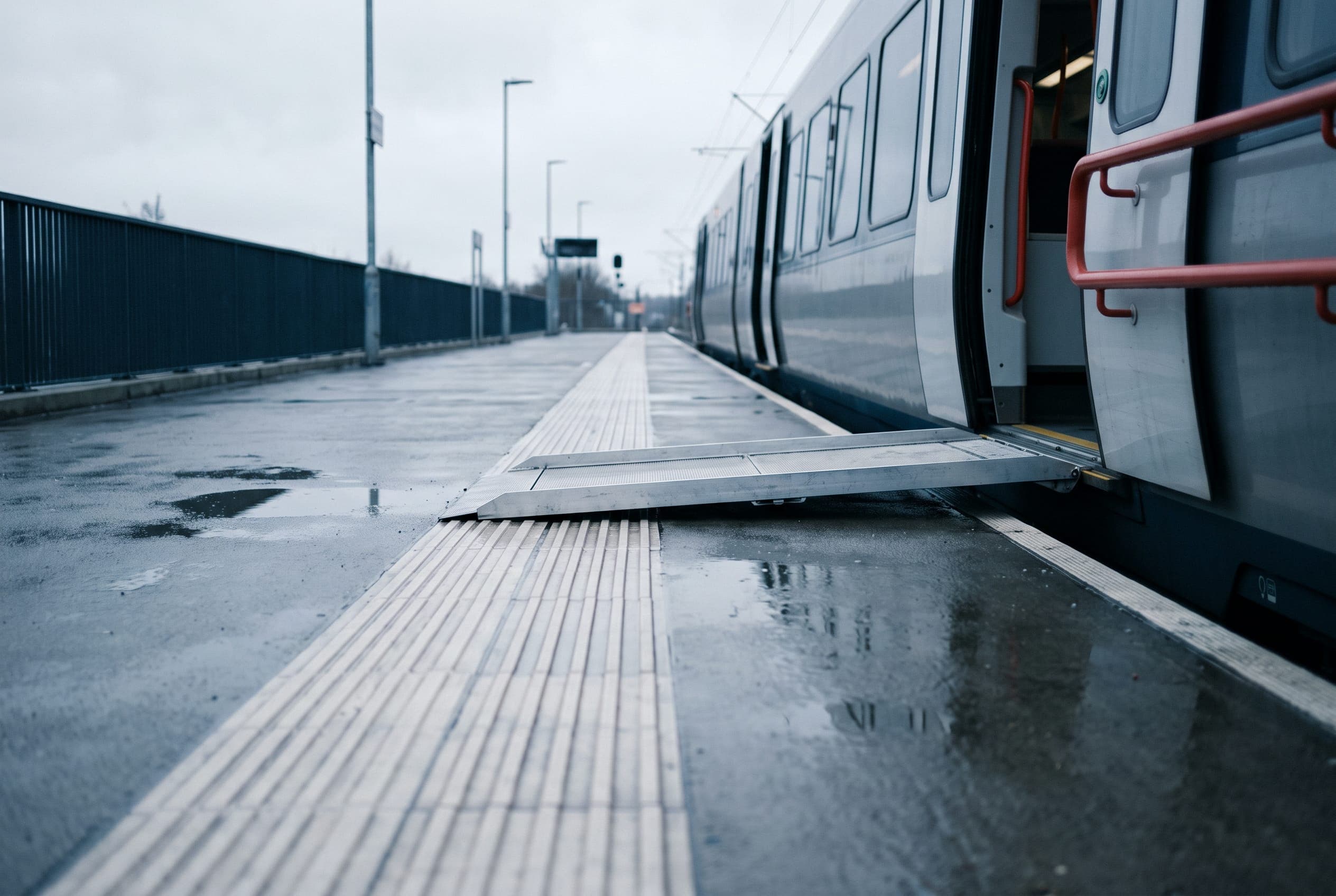 A folding metal ramp bridging the gap from a rain-wet platform edge to an open train door, tactile paving running past it.