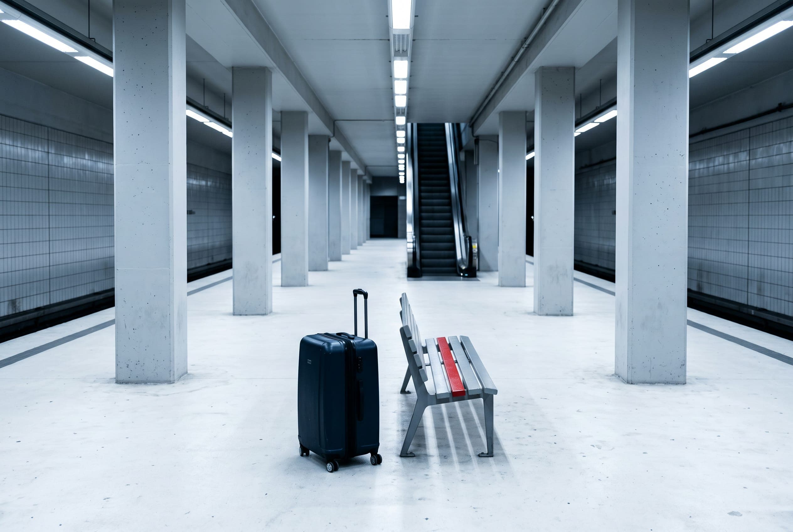 An empty underground station platform lit by cold strip lighting, a single dark suitcase standing beside a bench.