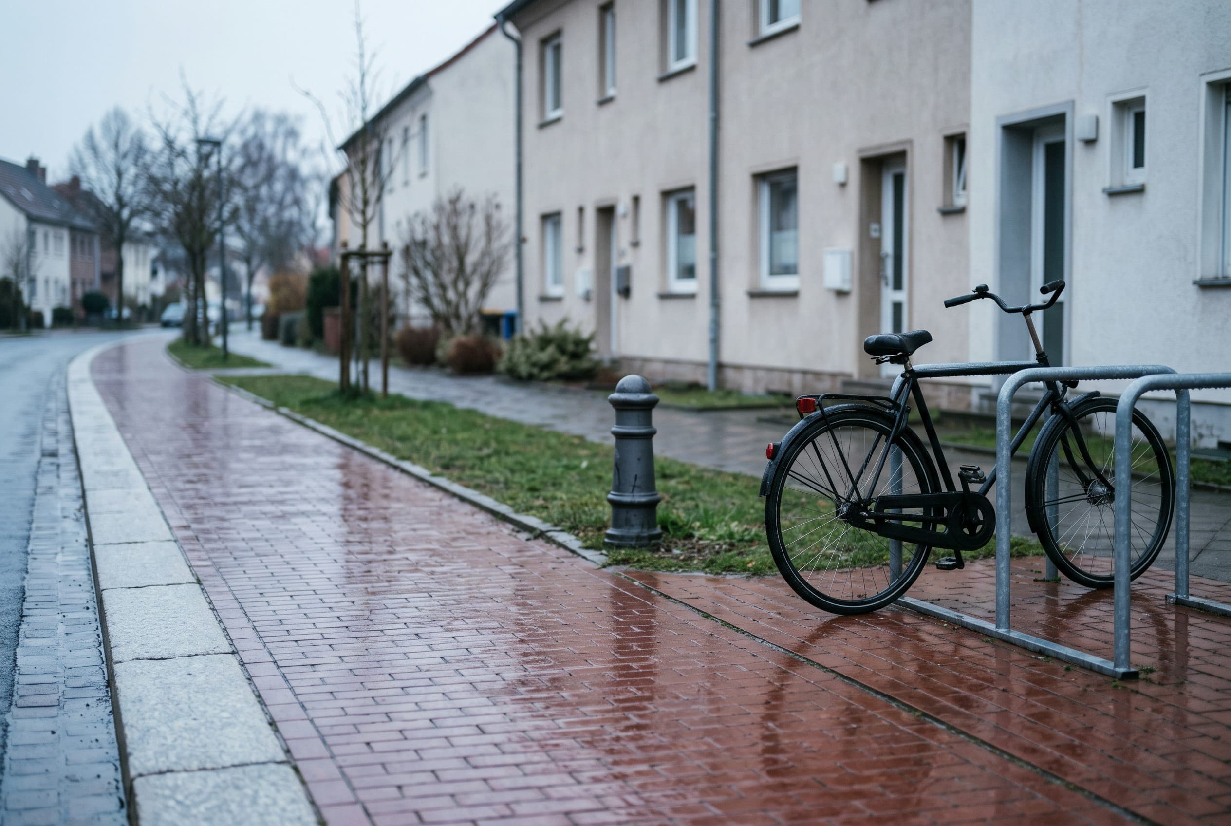 An empty red-brick cycle lane, wet with rain, curving past plain house fronts and one parked bicycle.