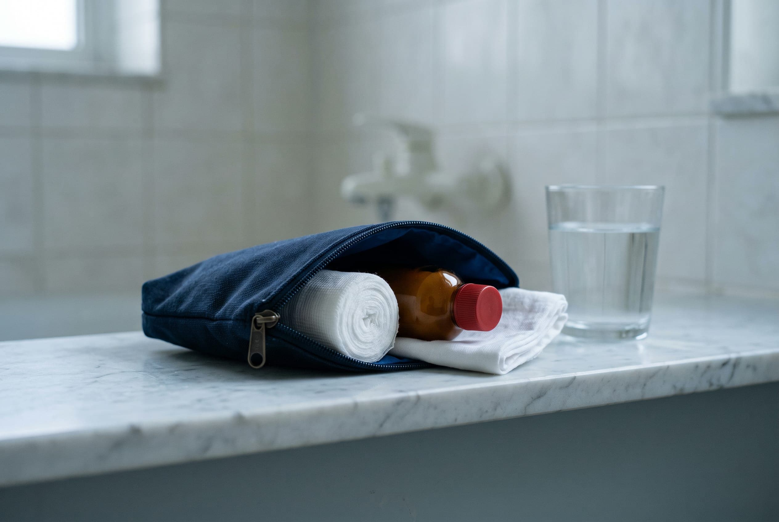 A navy wash bag open on a white marble shelf, a roll of gauze and a red-capped bottle spilling out of it.
