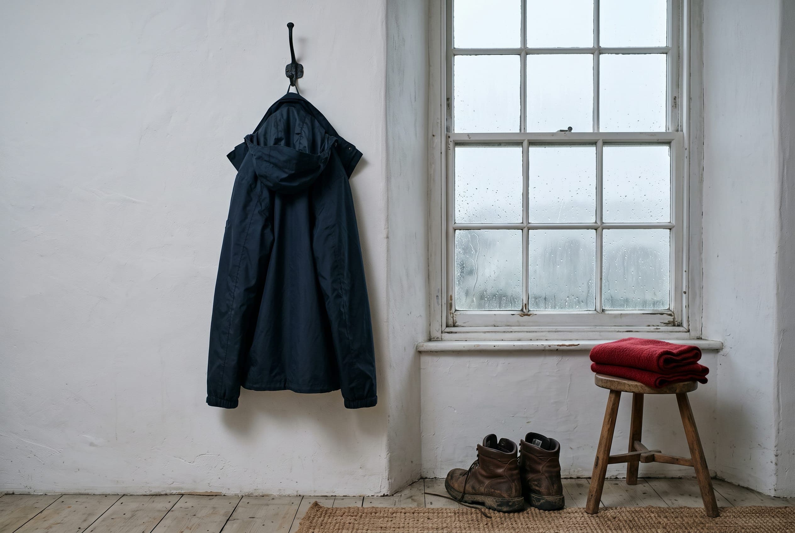 A navy rain jacket on an iron hook beside a rain-streaked sash window, worn boots and a folded red blanket below.