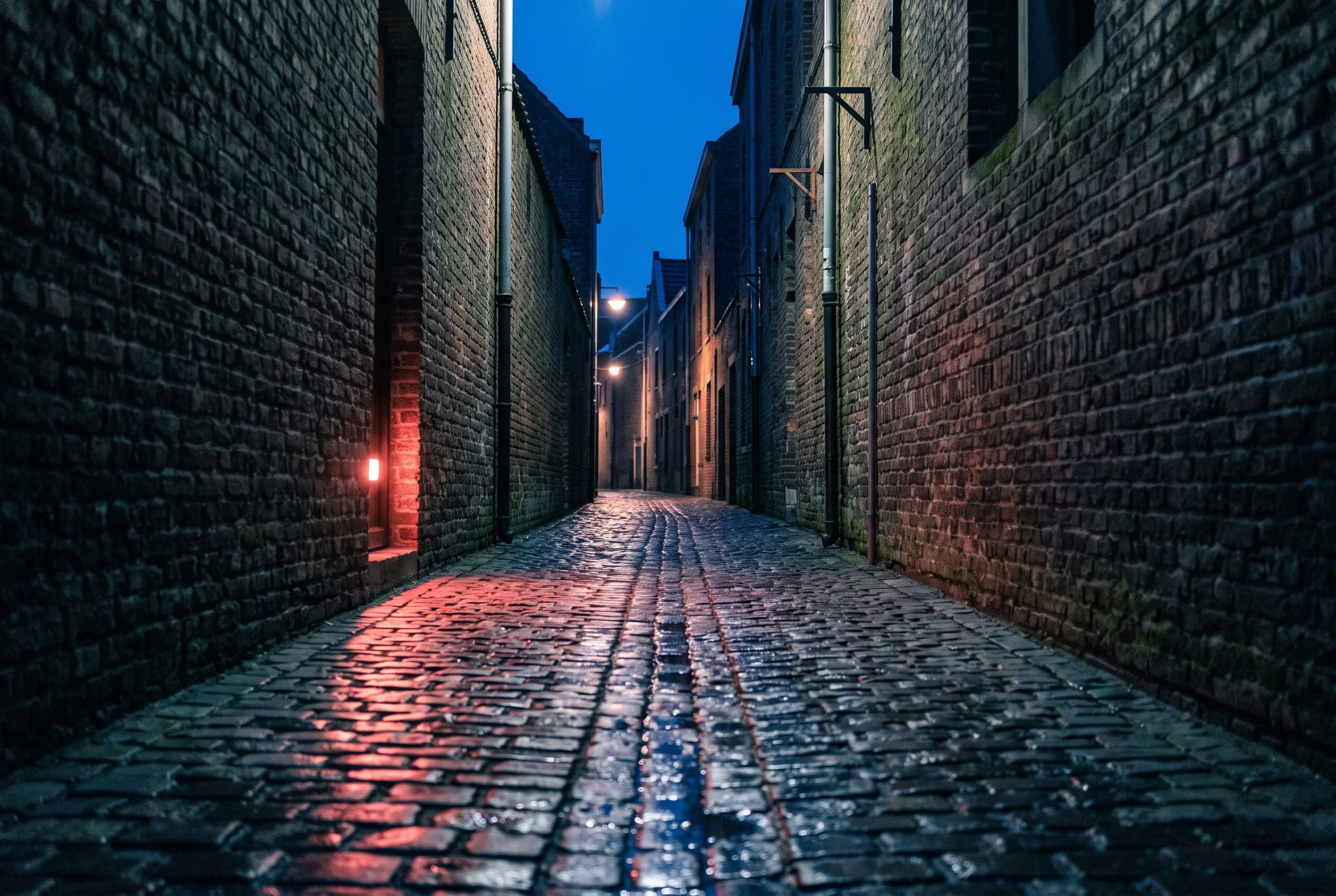 A narrow cobbled alley at night, wet stones reflecting a red glow from one unseen source under a deep blue sky.