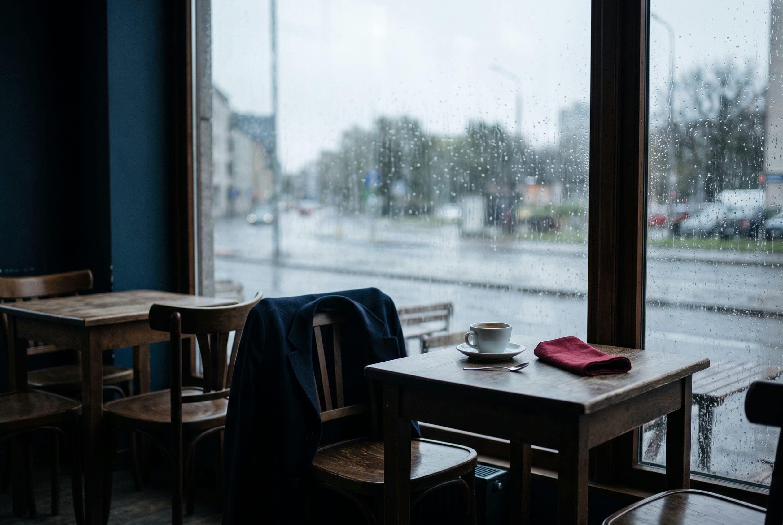 One chair at a small table by a rain-streaked cafe window, a single cup and a coat left over the chair back.