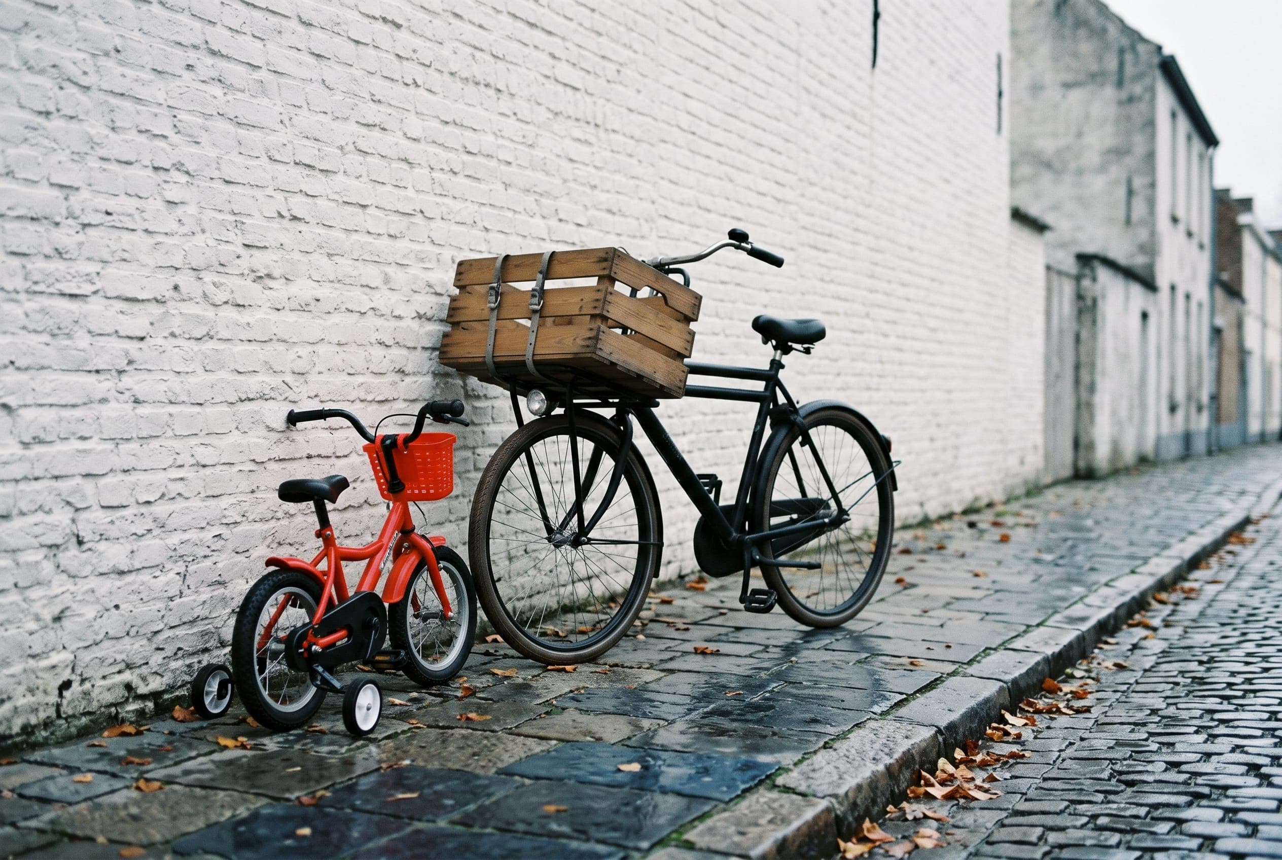A small red child's bicycle with training wheels parked beside a full-size cargo bike against a whitewashed brick wall.