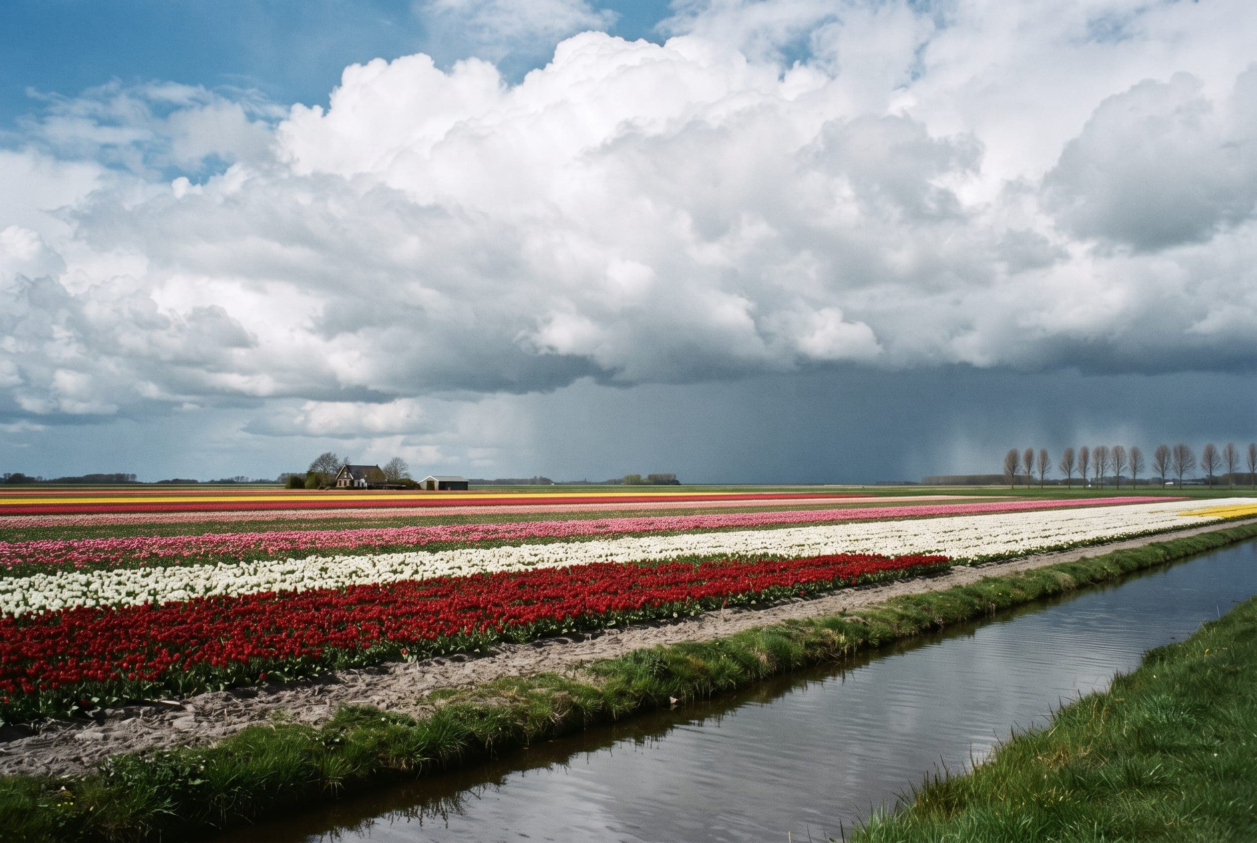 Bulb fields striped red and white across flat farmland, rain visibly falling on the far horizon.
