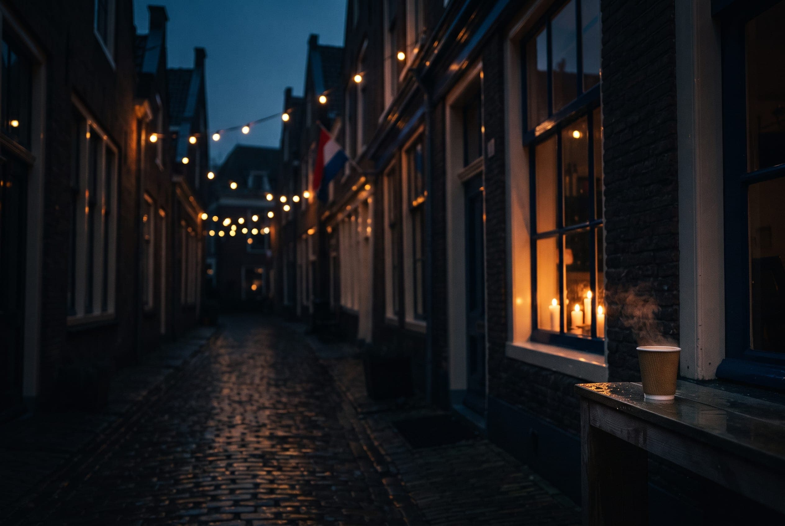 Warm string lights strung above a dark cobbled lane, candles burning behind a ground-floor window.