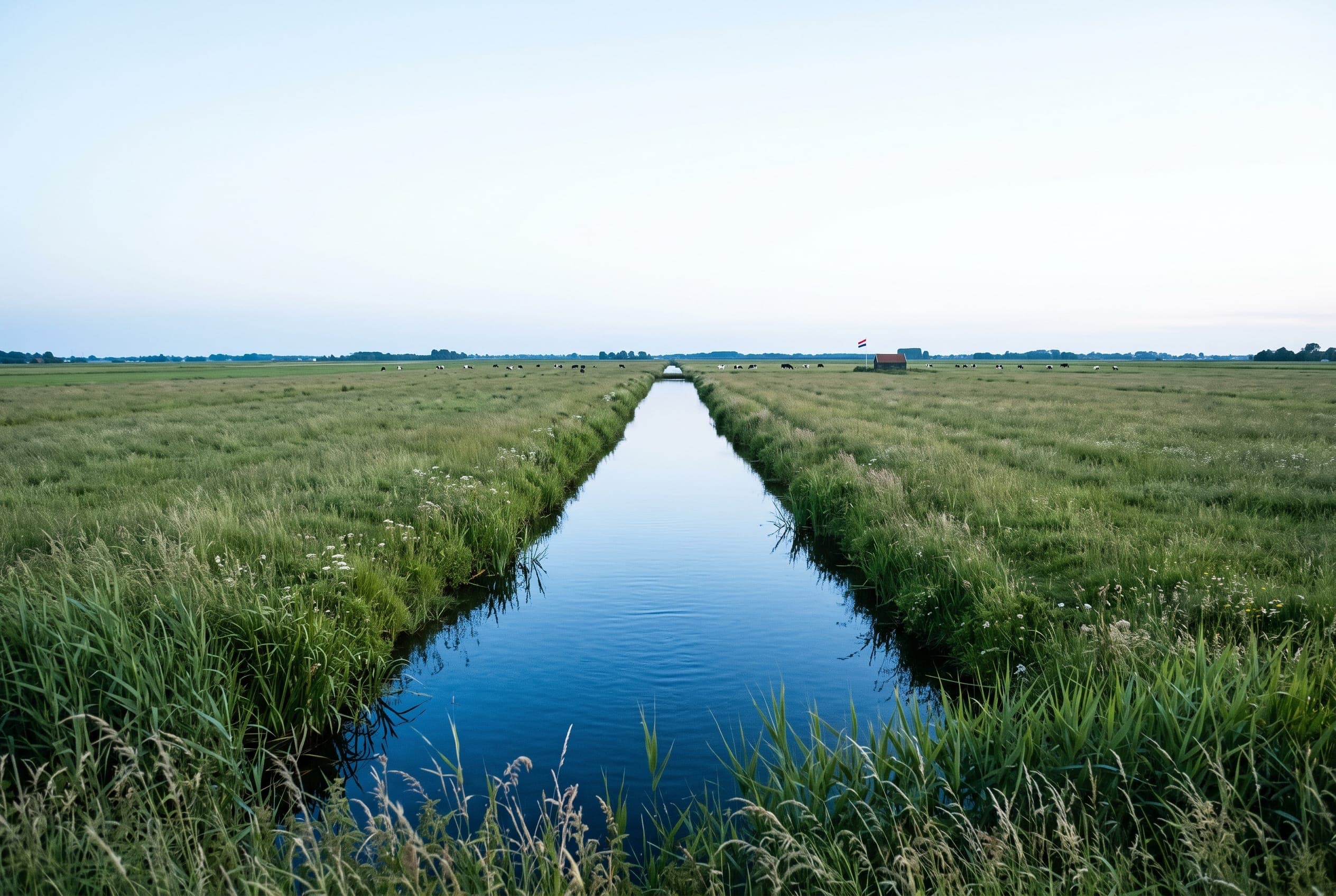 A straight drainage channel running to the horizon across open polder grass in pale midsummer evening light.
