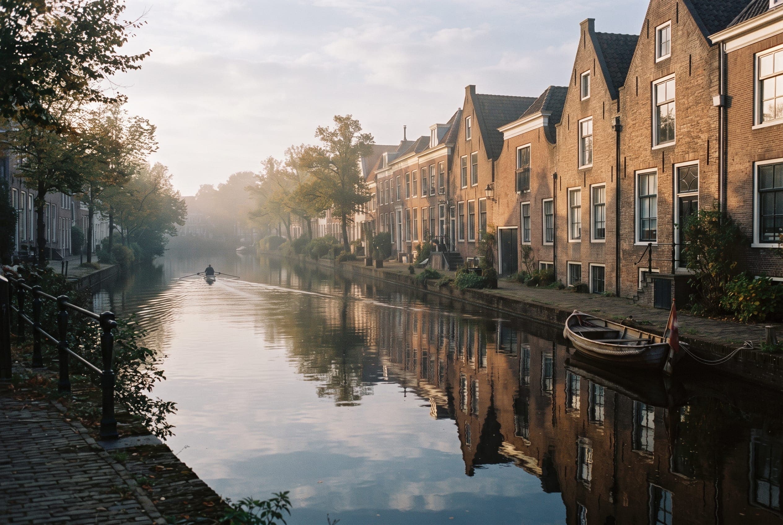 Morning mist lifting off mirror-flat water past brick gables touched by low early-autumn sun.