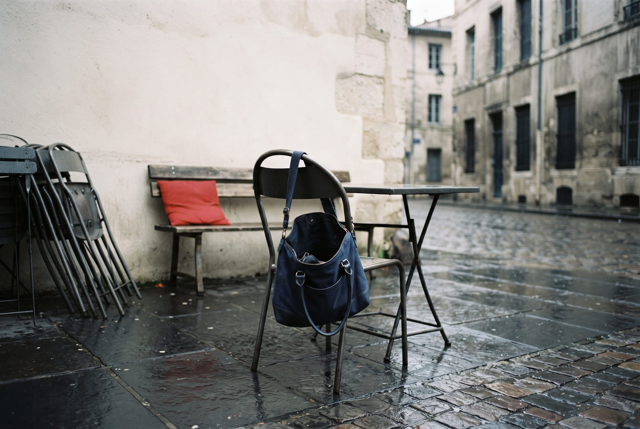 An open shoulder bag left unattended on a chair at a deserted pavement terrace, the other chairs folded and stacked.