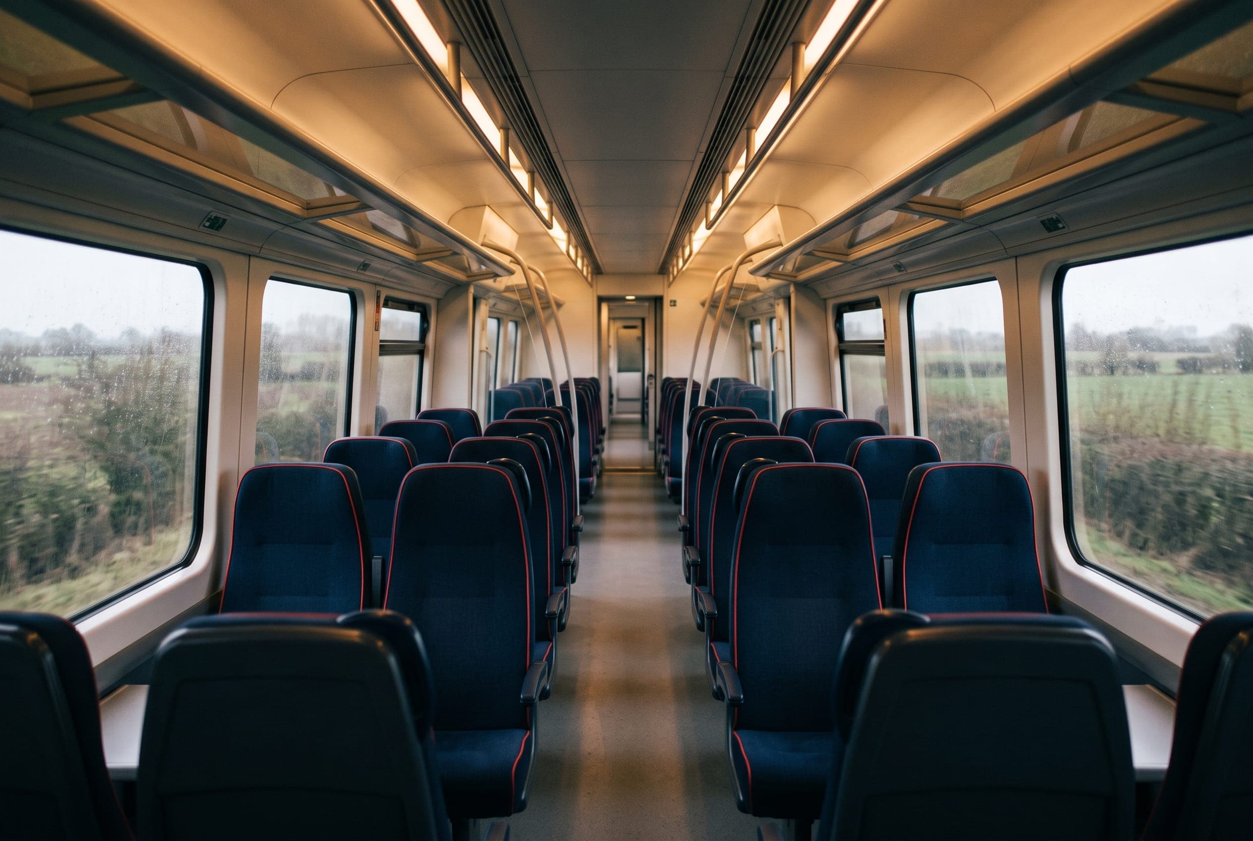 The empty aisle of a train carriage, rows of navy seats with red piping running away towards flat wet countryside.