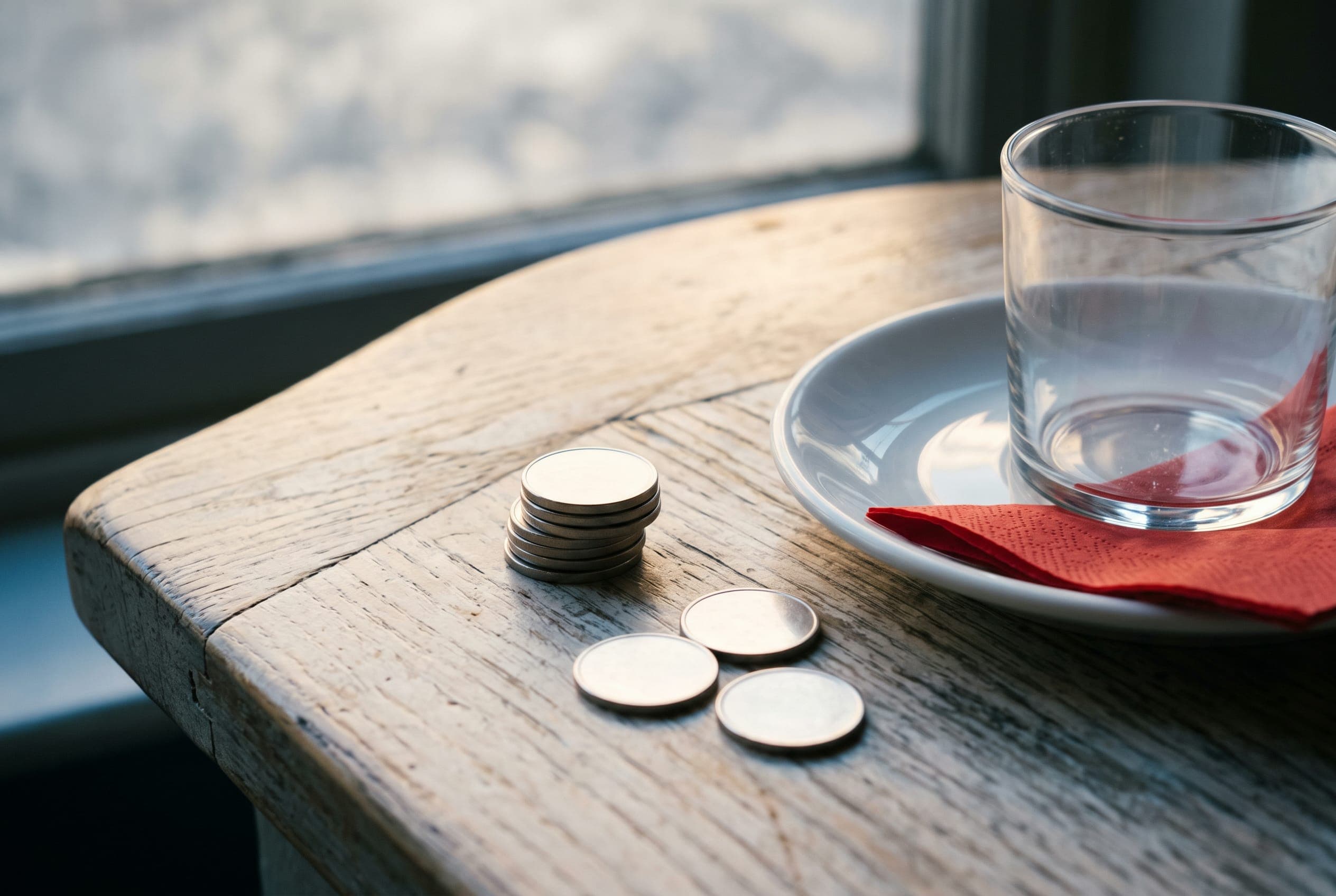 A short stack of blank coins on a scrubbed wooden table beside a saucer, an empty glass and a folded red napkin.