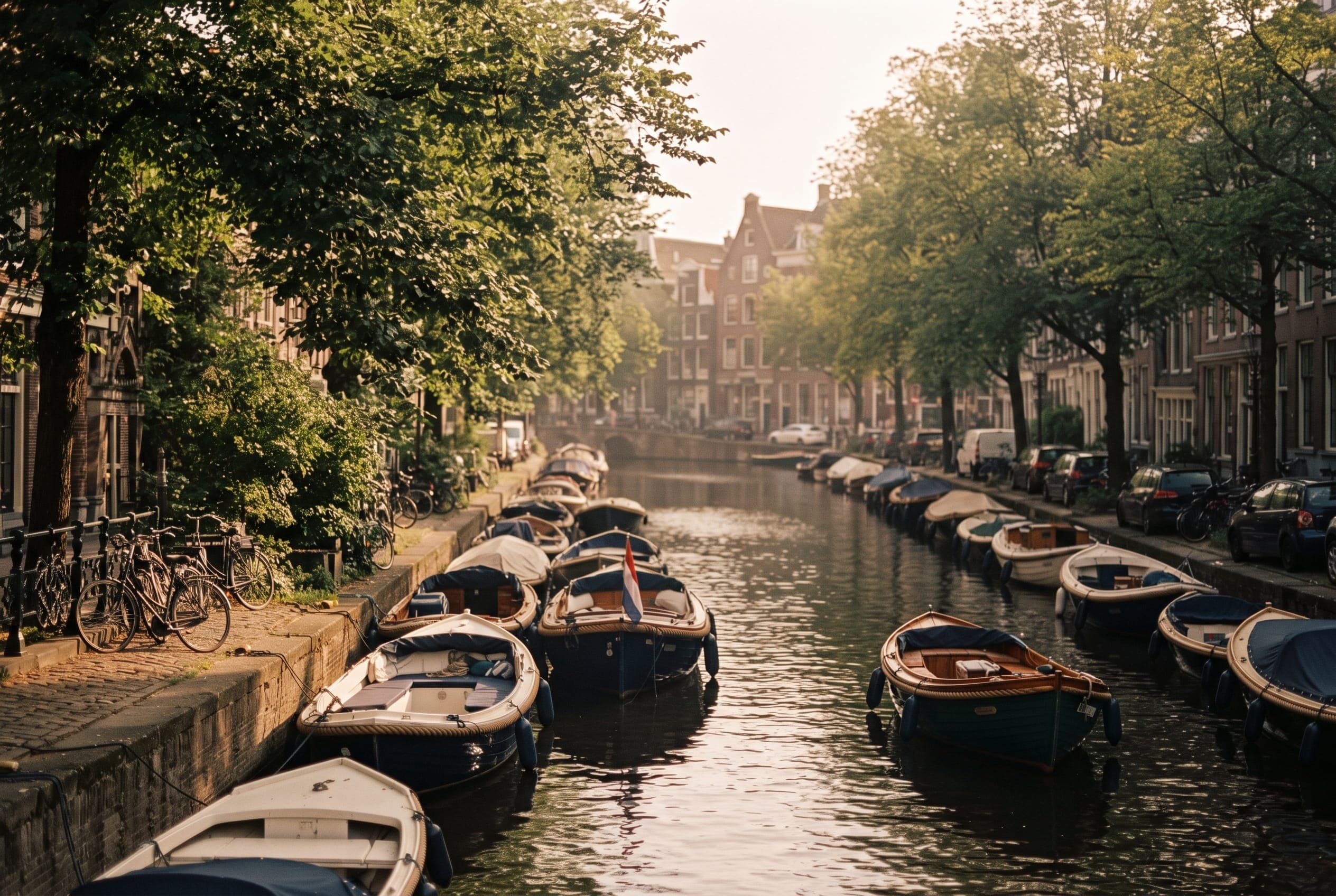 Small open boats moored the length of a leafy town canal in hazy late-summer afternoon light.