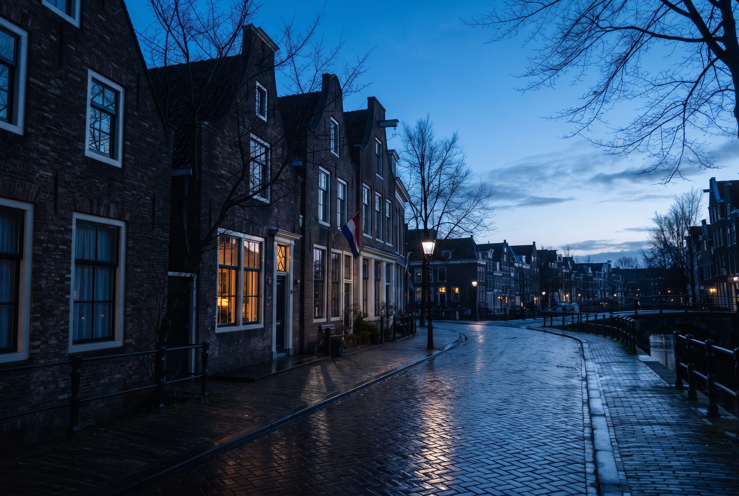 Deep blue dusk over wet cobbles beside gabled brick houses, with a street lamp newly lit.