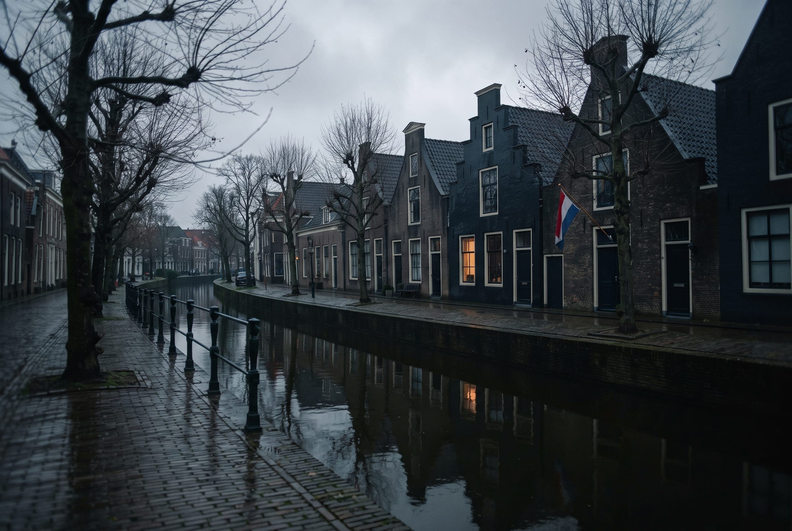 A rain-darkened canal under flat grey cloud, bare pollarded trees along the quay and a single lit window.