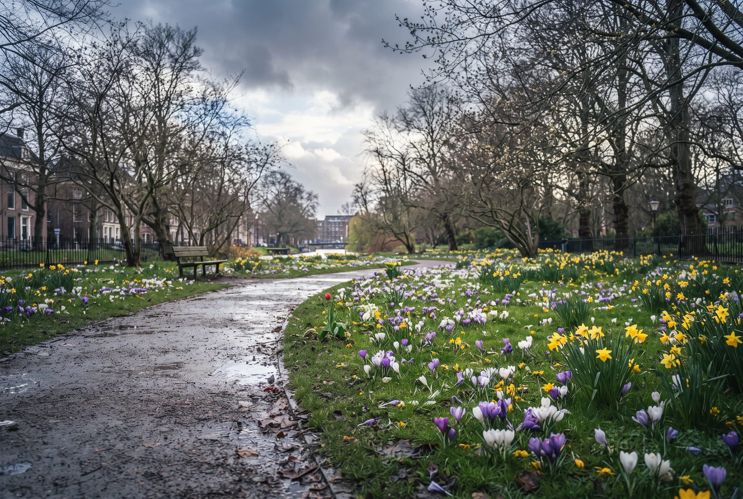Crocuses and early daffodils scattered across a park lawn below still-bare branches and a broken showery sky.