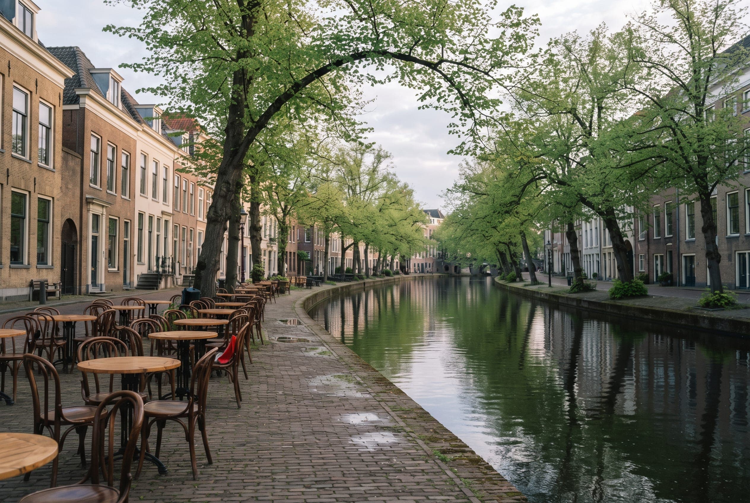 Empty café tables on a brick quay beneath elms in fresh leaf, green reflections in the water alongside.