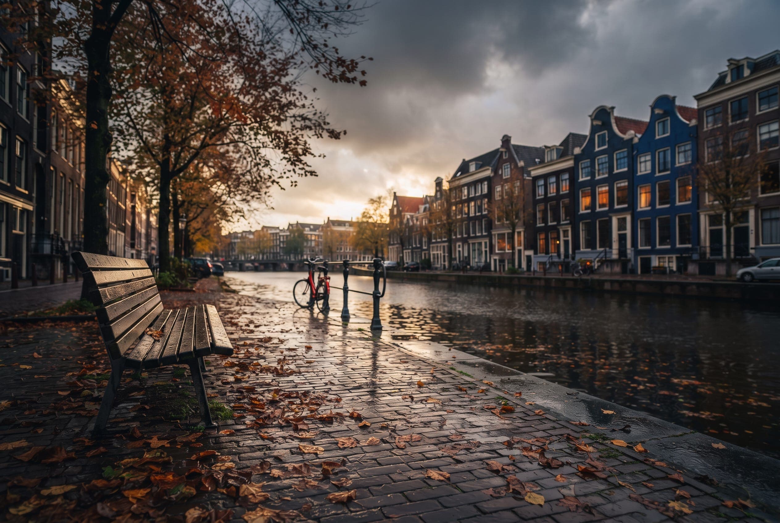 Wet fallen leaves over a brick quayside and an empty bench, one break of light under heavy cloud.